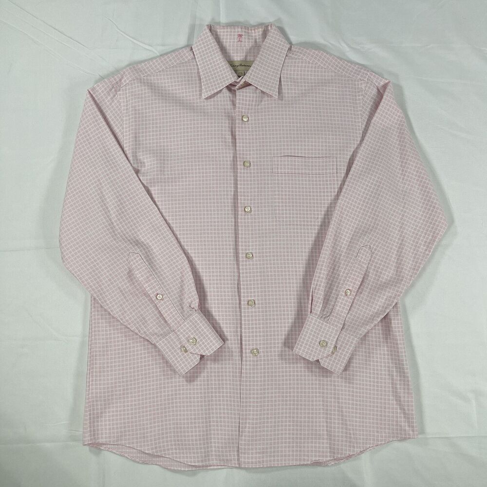 Tommy Bahama Mens Pink Check Long Sleeve Button Up Shirt Size 15.5 32-33